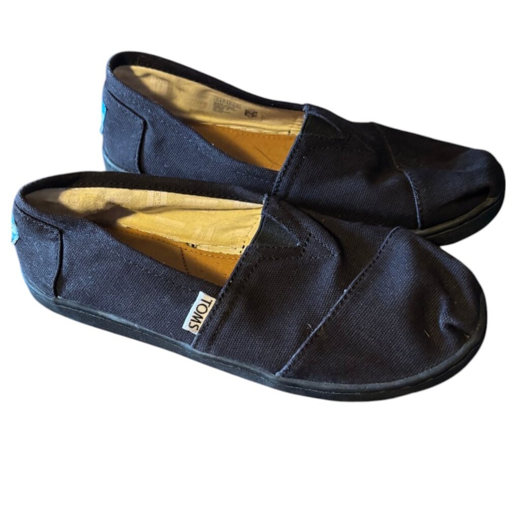 Toms Classics Black Canvas Youth Girls Slip On Casual Flat Shoes sz 3.5